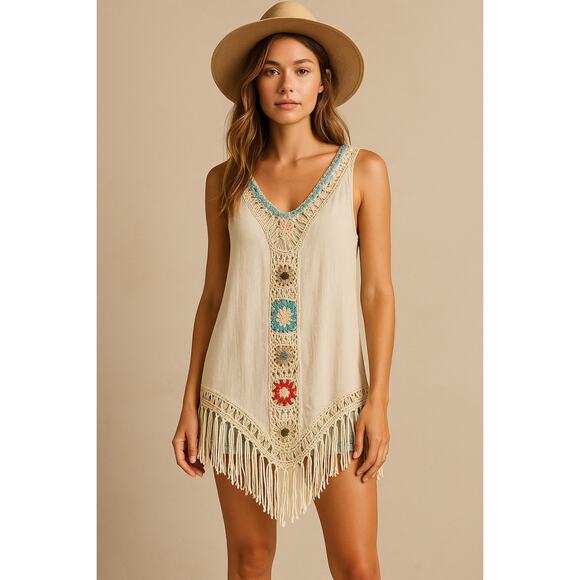 Negs Women’s Boho Crochet Fringe Tunic Cover Up Festival Medium Large granny - Picture 1 of 14